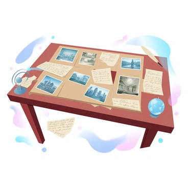 A historian's desk cluttered with old maps, photographs, and handwritten letters