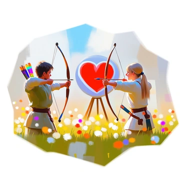 Two archers playfully shooting arrows at a heart-shaped target