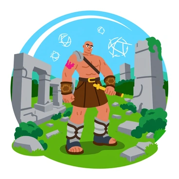A muscular warrior with a shaved head and a distinctive red tattoo stands confidently among crumbling ancient ruins. The warrior is dressed in battle-worn armor with a leather skirt and carries an ornate weapon in one hand. Around him, mystical symbols float in the air, glowing with a bright blue light. The ruins feature large stone pillars, broken columns, and scattered debris, all overgrown with green vines and moss. The scene is set under a clear blue sky, enhancing the vibrant colors of the environment.