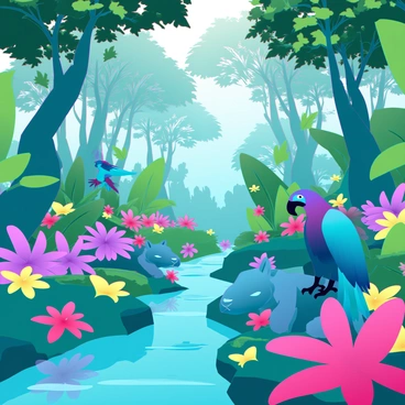 A vibrant jungle scene filled with lush green foliage and oversized, geometric trees. The ground is covered with a variety of brightly colored flowers in shades of pink, yellow, and purple. A low-poly stream flows through the jungle, reflecting the vivid colors of the surroundings. Inhabitants of the jungle include stylized animals, such as a low-poly parrot with a mix of blue and green feathers perched on a branch, and a geometric jaguar resting on a sunlit rock. Sunlight filters through the foliage, creating playful shadows on the ground.