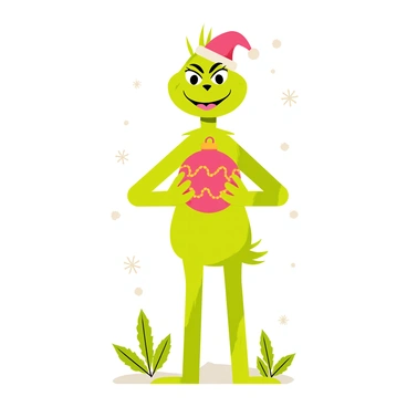 The Grinch is depicted with a green, furry body and a mischievous smile on his face. He is holding a bright red Christmas ornament in his hands, which glistens with golden details. The Grinch's eyes are wide and sparkling with mischief as he stands against a snowy background. He is wearing a Santa hat perched on his head, adding to his playful demeanor. There are twinkling lights and evergreen branches surrounding him, enhancing the festive atmosphere.