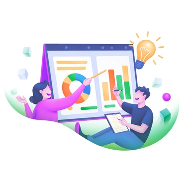 A presentation slide featuring "lively cartoon characters" in various poses. One character is pointing at a large, colorful chart, while another character is holding a light bulb above their head, symbolizing an idea. A third character is sitting on the floor, taking notes on a notepad. The background includes playful shapes and vibrant colors that enhance the energy of the scene. The overall composition showcases the characters interacting with each other and the concept being demonstrated.