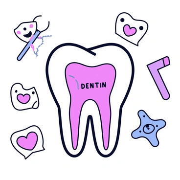An illustration of a tooth with clear anatomical details. The tooth is depicted in a cross-section view, showcasing its various parts, including the enamel, dentin, pulp, and root. Each part is labeled with bold, playful font. Surrounding the tooth are fun designs, such as cartoonish dental tools and smiling characters that emphasize dental hygiene. The color palette is bright and engaging, with pastel hues to attract attention.