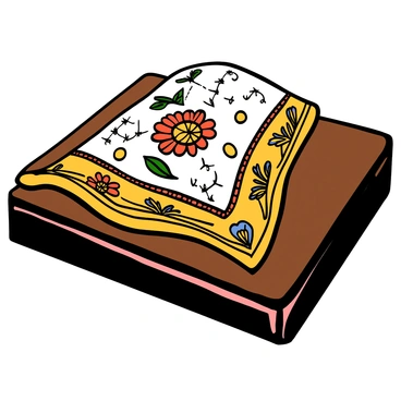 Close-up of an intricately embroidered handkerchief featuring floral patterns and delicate stitching, with vibrant colors of red, gold, and green. The fabric appears soft and textured, capturing the light in a way that highlights the craftsmanship. The handkerchief is placed on a richly colored wooden surface, evoking a sense of importance and intrigue as it serves as a key element in Othello's plot.