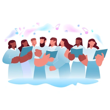 A close-up view of a choir performing together. Each choir member is dressed in matching attire, holding sheet music in their hands. Their bodies are slightly leaning forward, indicating engagement and focus. Some individuals are gently swaying to the rhythm of the music. Colorful music notes seem to float around them, enhancing the atmosphere of harmony and joy.