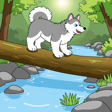 A fluffy husky with striking blue eyes is carefully balancing on a large, moss-covered fallen log that stretches across a clear, flowing stream. The husky has a beautiful coat of gray and white fur, with its ears perked up attentively. Below, the water glimmers with reflections of the surrounding green foliage. Small rocks are scattered in the stream, with a few patches of vibrant green water plants along the edges. The sun filters through the trees, casting dappled light on the scene. The husky is focused, with its tail held high, showcasing its playful spirit as it navigates the log.