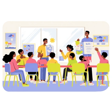 A bright classroom filled with colorful desks and chairs. Several children are seated at their desks, attentively listening to a teacher at the front. The teacher is holding a large book with images of krill. On the walls, there are educational posters depicting various ocean life, including krill, illustrated in a cartoon style. The children, a mix of boys and girls of different ethnicities, are engaged and smiling, with some raising their hands to ask questions. Sunlight streams in through large windows, illuminating the cheerful learning environment.