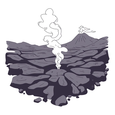 A duotone illustration features "white steam" rising from "cracks in the ground" that are scattered across a "volcanic site." The ground has rough, uneven textures, revealing dark, charred rock surfaces interspersed with patches of lighter-colored mineral deposits. The "steam" billows upward, creating a hazy effect around the fissures, while the background displays a "volcanic landscape" with distant, rugged hills and the silhouette of a "volcano" looming in the distance. The atmosphere conveys a sense of raw geological power and activity.