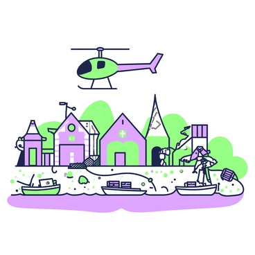 An RC helicopter is flying above a fishing village. The village features quaint, small houses with distinct architecture and colorful rooftops. Below, the shoreline is exposed due to low tide, revealing patches of wet sand and scattered pebbles. Fishing boats are anchored and resting on the ground, their hulls partially out of the water. Fishermen can be seen preparing their gear, with nets and crates positioned nearby. The sky is clear, allowing sunlight to illuminate the scene and cast soft shadows on the village landscape.