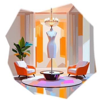 A luxurious Chanel dress displayed prominently in an art deco styled room. The dress is characterized by elegant lines, intricate beadwork, and a classic silhouette. The room features geometric patterns in a rich color palette, with bold shapes adorning the walls and furniture. Fluted columns frame the space, and an ornate chandelier hangs from the ceiling, casting a warm light over the scene. Plush rugs and stylish furniture complete the sophisticated atmosphere.