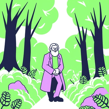A man resembling "Karl Marx" is depicted walking through a lush forest. He has a thick beard and wears a long coat. The forest is dense with tall trees whose leaves create a canopy overhead. Sunlight filters through the branches, casting dappled shadows on the forest floor. Marx is walking along a narrow dirt path, his hands clasped behind his back as he appears to be deep in thought. Around him, various plants and ferns thrive, adding to the rich texture of the scene.