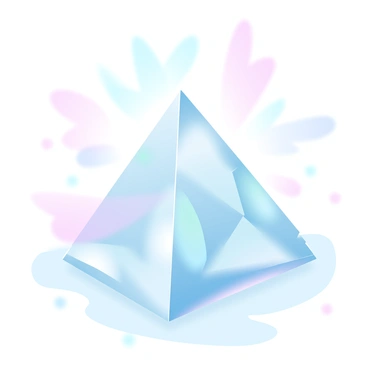 A crystal pyramid is placed on a smooth surface, radiating vibrant beams of light in various colors. The pyramid is transparent, with facets reflecting the light in a kaleidoscopic manner. Surrounding the pyramid, the beams of light create a mesmerizing display, casting colorful reflections on the surface below. The overall scene is bathed in an ethereal glow, enhancing the vividness of the colors emitted by the pyramid.