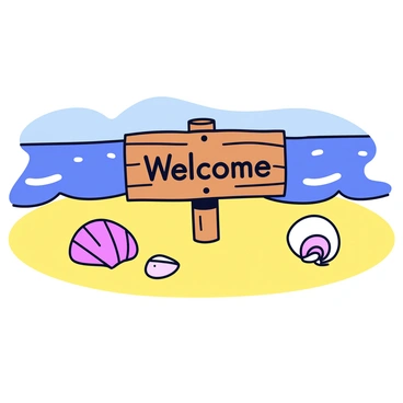 A wooden welcome sign with a rustic finish stands upright in the soft, golden sand of the beach. The sign is crafted with a natural grain and features the word "Welcome" carved in a bold, charming font. Surrounding the sign are various seashells scattered around, showcasing different shapes and colors. In the background, gentle waves are lapping at the shore, creating a serene and inviting beach atmosphere.