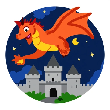 A large, fiery dragon with bright orange and red scales is flying over a medieval castle. The dragon has large, spread wings that catch the moonlight, and its eyes glow fiercely. Below, the castle is made of rugged gray stone with tall spires and a drawbridge. The night sky is filled with scattered stars, and the dragon's flames illuminate the castle, casting a warm glow over the structures. The scene captures a sense of wonder and adventure, with the background featuring dark clouds that accentuate the dragon's fiery presence.