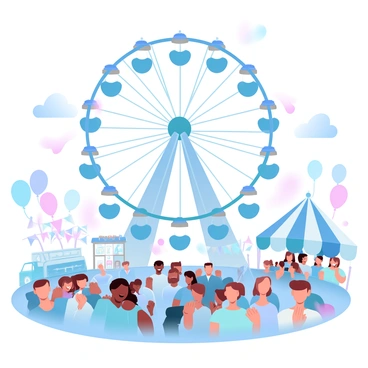 A large Ferris wheel is illuminated with colorful lights, towering over a bustling carnival scene at night. Surrounding the Ferris wheel are numerous rides, each adorned with vibrant lighting, appealing to the crowds. Groups of people are seen laughing and enjoying the various attractions, holding cotton candy and balloons. Brightly colored tents and stalls line the pathways, filled with games and treats, adding to the festive atmosphere of the carnival.