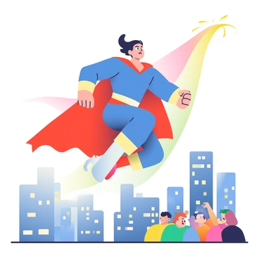 A superhero with a muscular build and a bright blue costume is leaping through the air, displaying a powerful stance. The superhero has a flowing red cape billowing behind them and a determined expression on their face, with their dark hair flying upwards. Below, a cityscape with tall buildings and busy streets creates a sense of movement and urgency. In the background, a trail of colorful energy is emitted from the superhero's fists, indicating speed and strength. A crowd of astonished onlookers can be seen in the bottom corner, gazing upward in awe.
