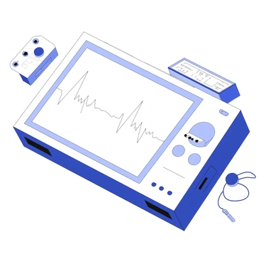 A close-up view of an ECG machine is shown. The screen displays a heart rate graph with sharp, angular peaks and troughs. The machine has several lead wires connected to it, with electrodes attached to a patient’s chest. The body of the ECG machine features a series of buttons and a small printer on the side. The environment suggests a clinical setting, with medical equipment and a monitoring device in the background.