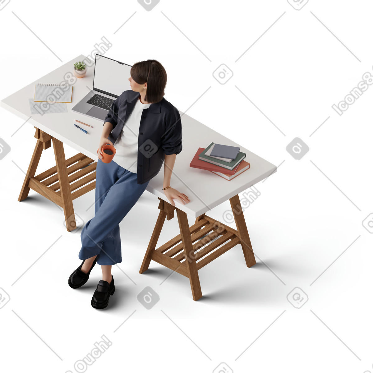 Isometric view of young woman with cup in hand leaning on table illustration 3D Hygge style download PNG, SVG