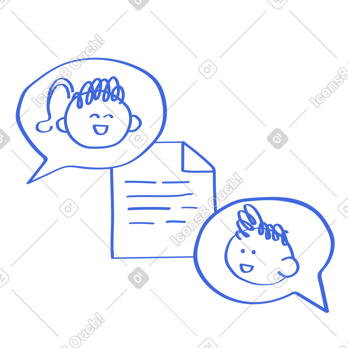 Ilustração de Speech bubbles with smiling kids and shared document between them em no estilo Ballpoint Pen para baixar em PNG, SVG