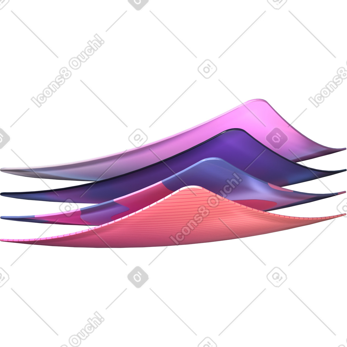 下载 3D Glassy 风格的 一堆弯曲的分层卡片 插画，支持 PNG、SVG 格式