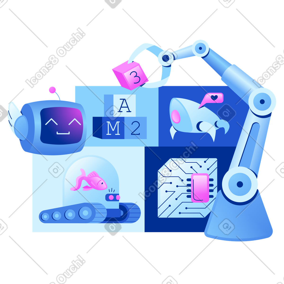 Scienza robotica illustrata da robot e bot illustrazione in stile Glossy scarica in PNG, SVG