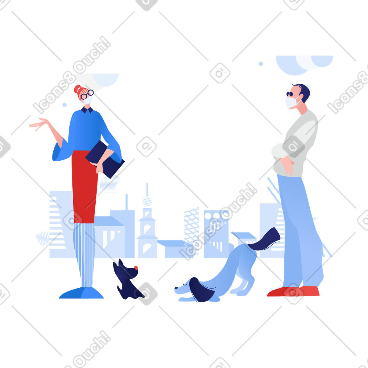 Uomo e donna con mascherine mediche che portano a spasso i loro cani illustrazione in stile Clip scarica in PNG, SVG