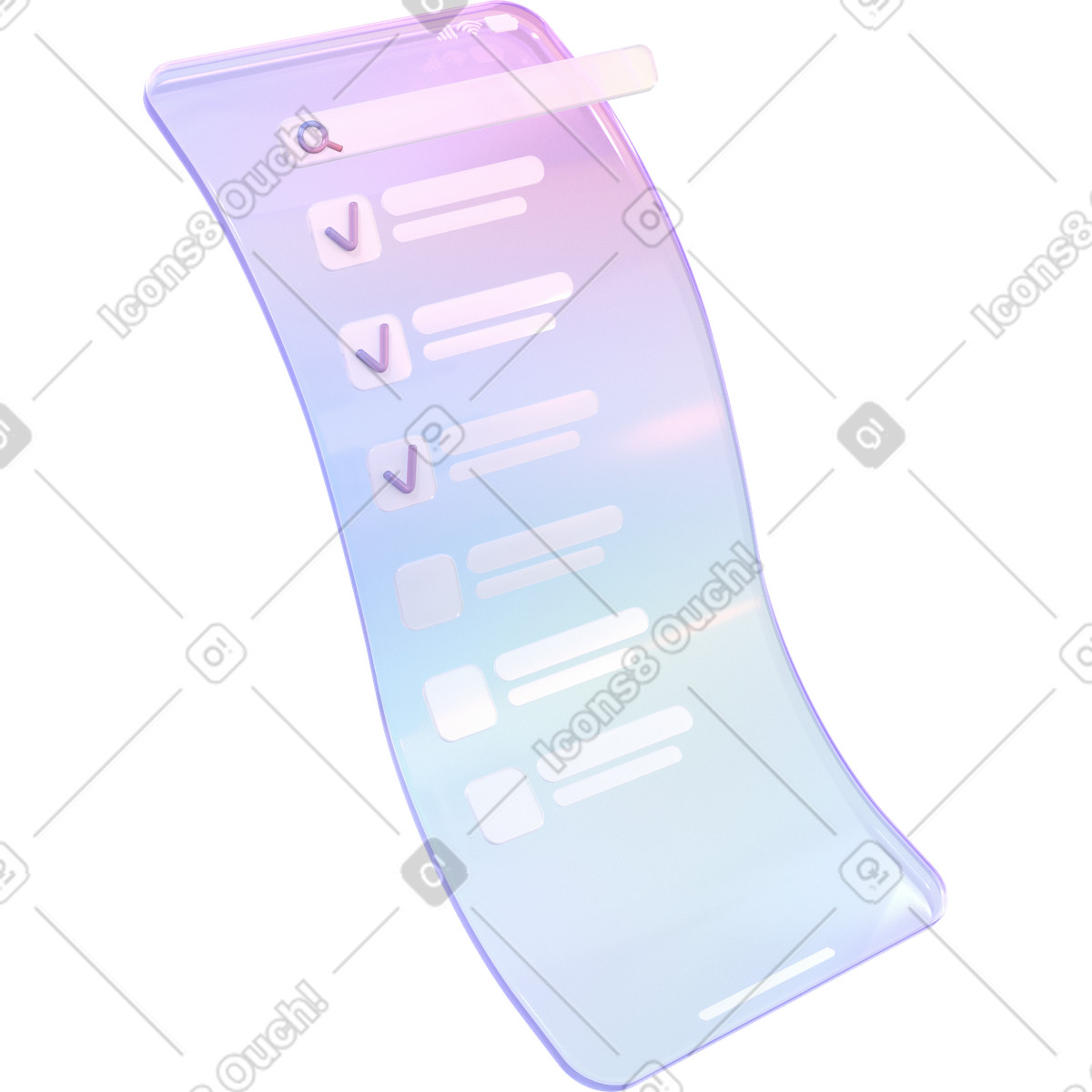 Schermata lunga e deformata con elenco di controllo barra ricerca illustrazione in stile 3D Glassy scarica in PNG, SVG