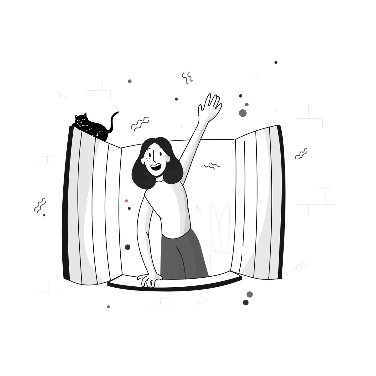 Illustration Waving out of window, greeting visitors or guests dans le style Pixeltrue à télécharger aux formats PNG, SVG