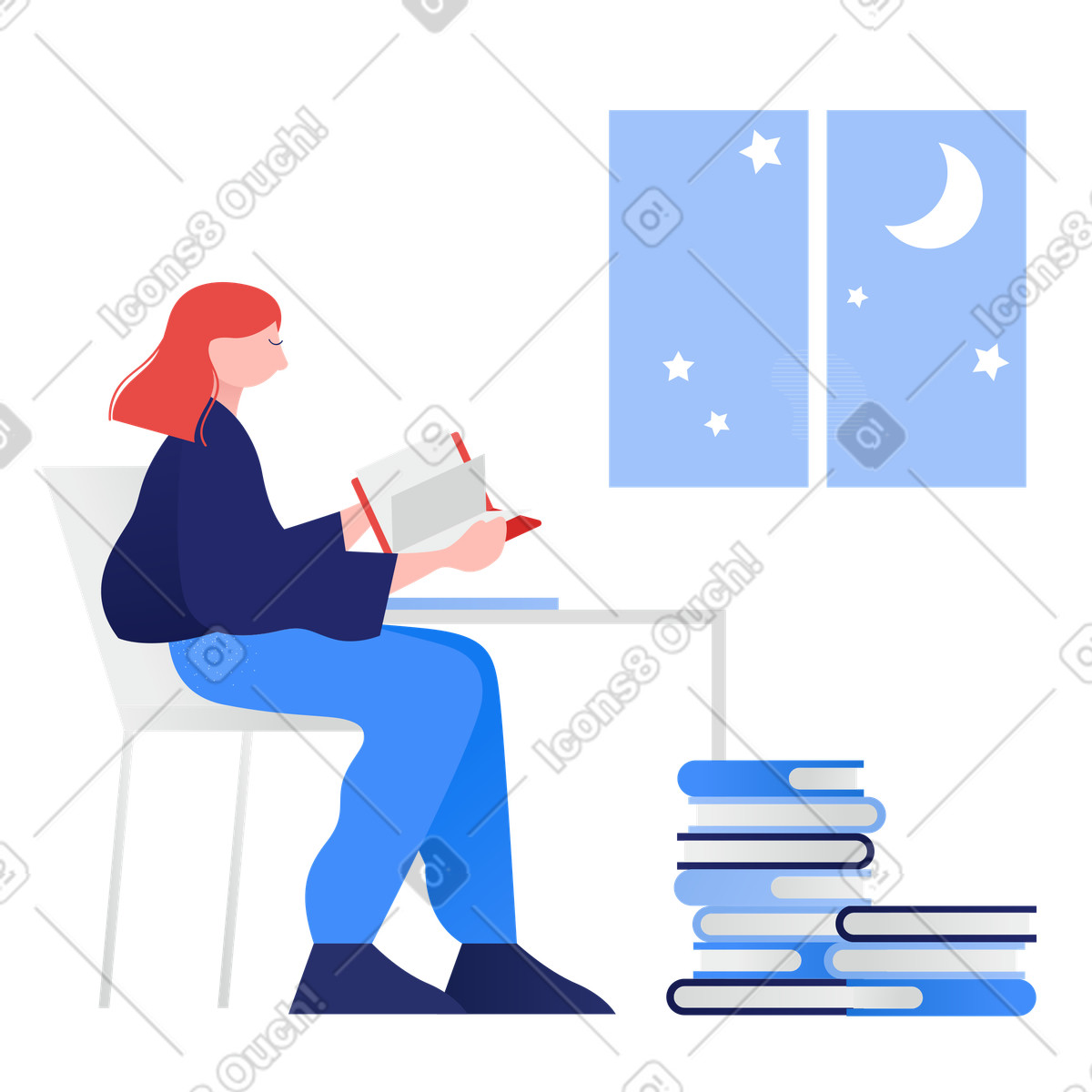 Studying at night illustration in Clip style download in PNG, SVG