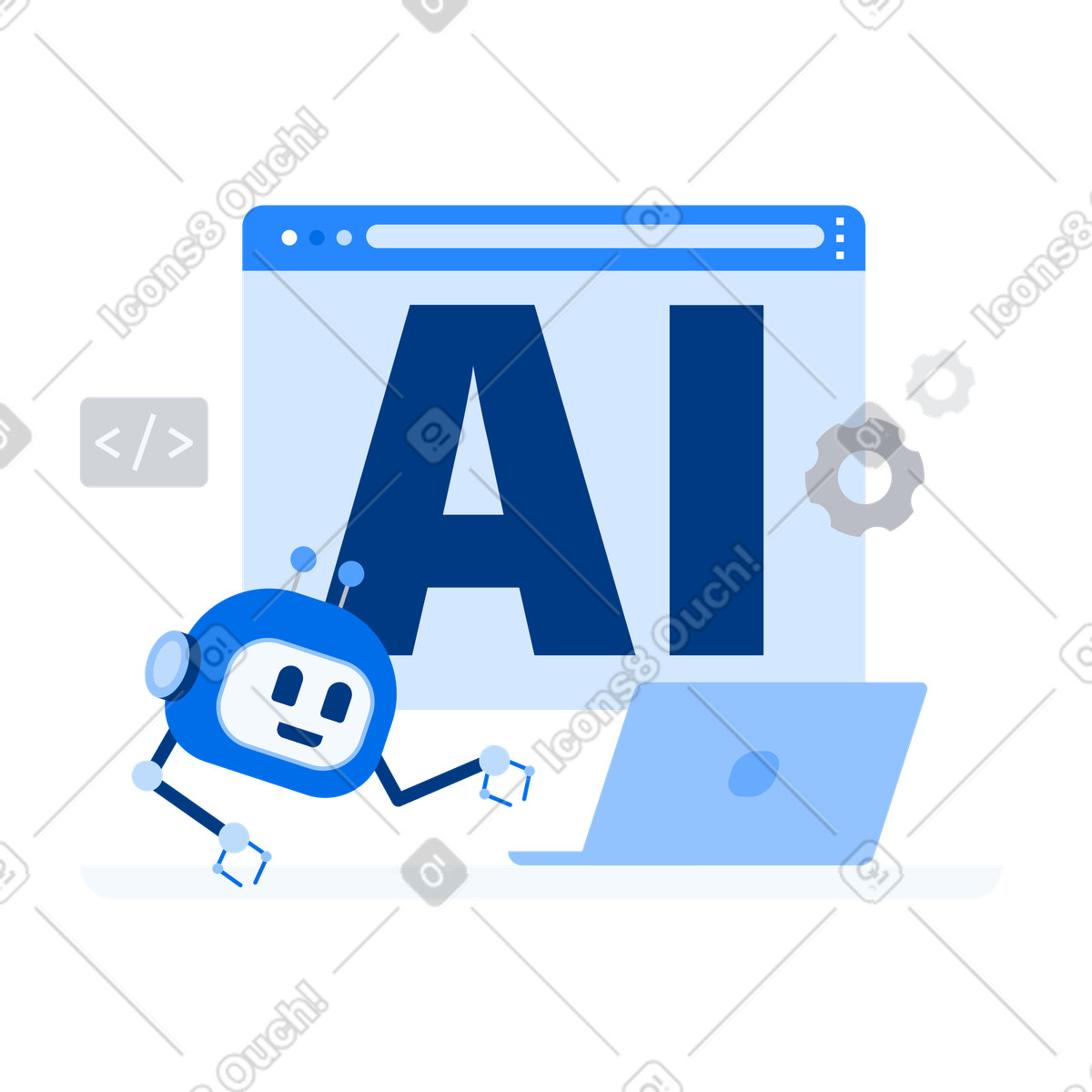 Иллюстрация Ai lettering in browser window and robot at laptop, machine learning automation в стиле Urban — скачать в форматах PNG, SVG