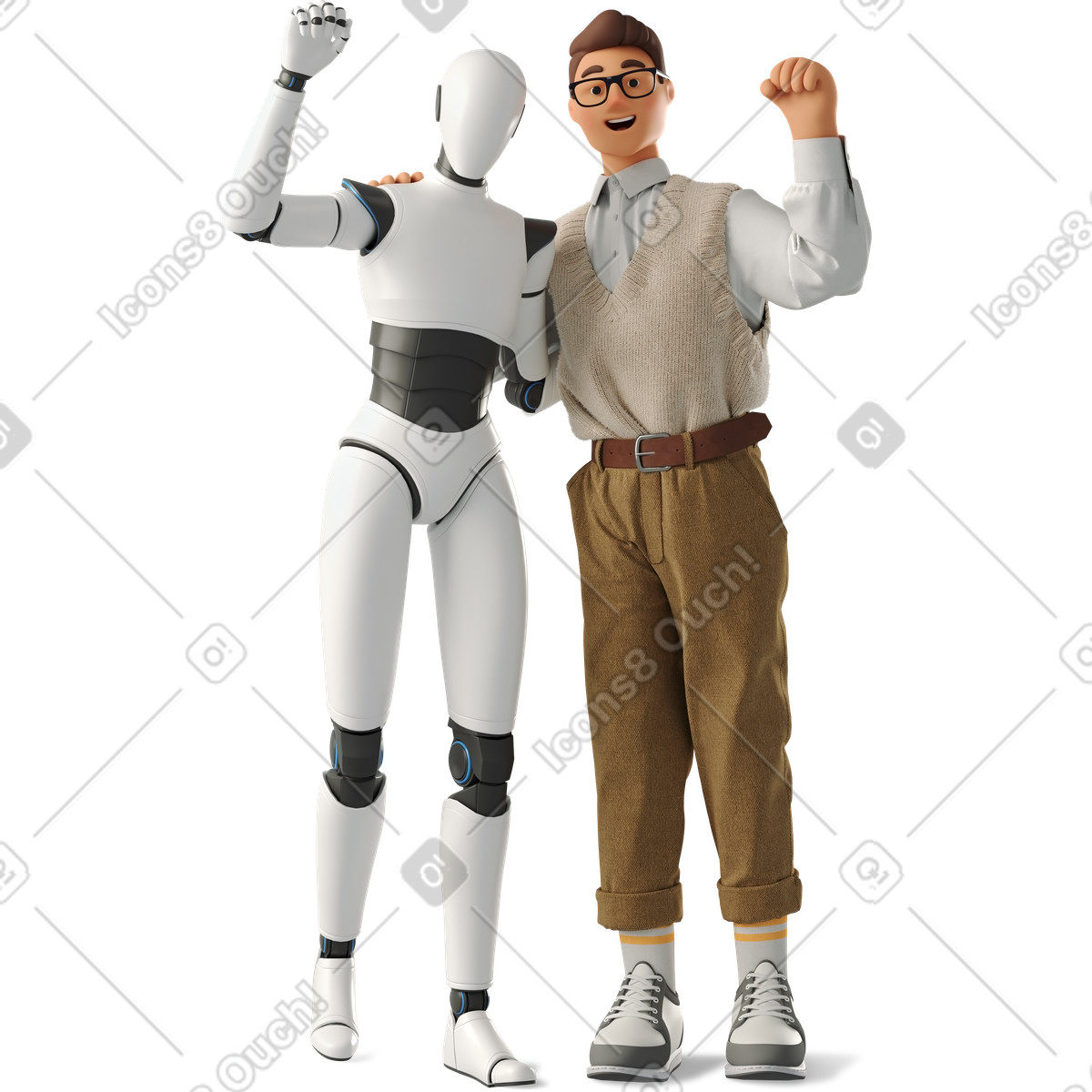 Office worker and humanoid robot raising fists illustration in 3D Business style download in PNG, SVG