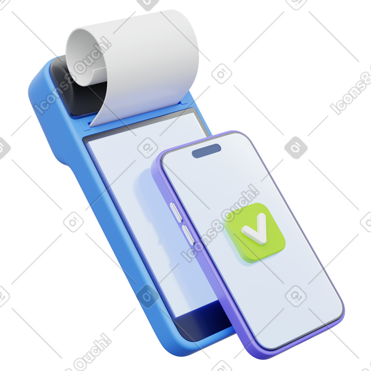 POS terminal payment, Mobile receipt machine with phone and green checkmark, Contactless transaction success illustration in 3D Playful style download in PNG, SVG