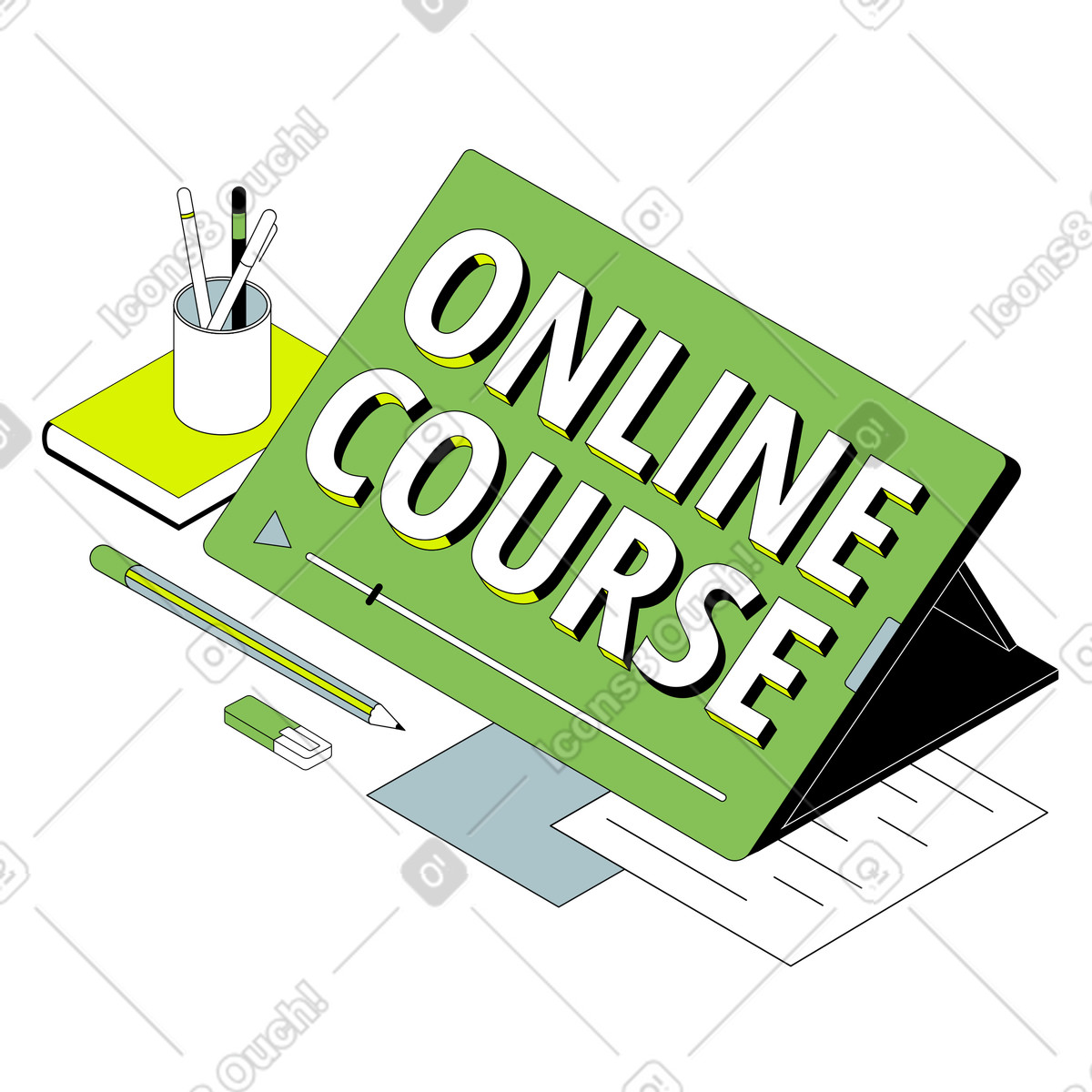 Ilustración Curso online de lettering en tableta con texto taza lápices estilo Isometric a descargar PNG y SVG
