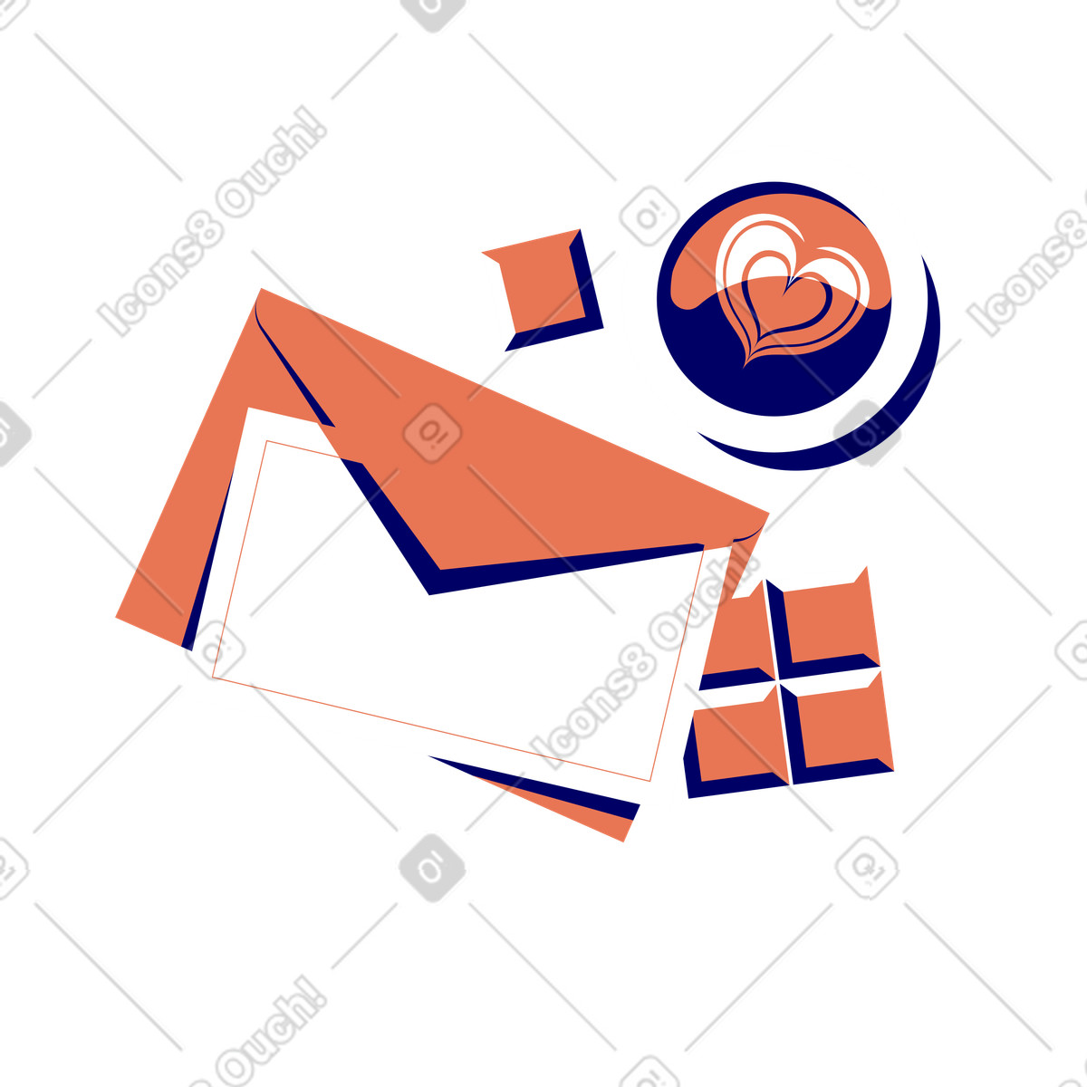 Illustration Tasse à cappuccino avec art latte en forme de coeur, barre chocolat et lettre la saint-valentin dans le style Lounge télécharger aux formats PNG, SVG