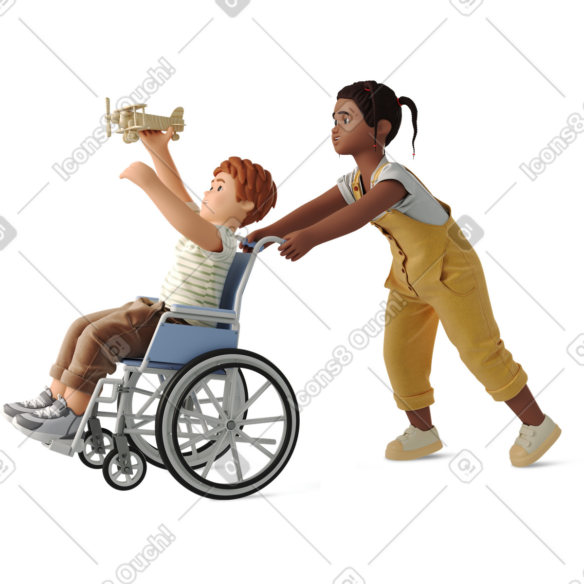 Girl playing with boy in wheelchair-Illustration im 3D Business-Stil als Download PNG, SVG
