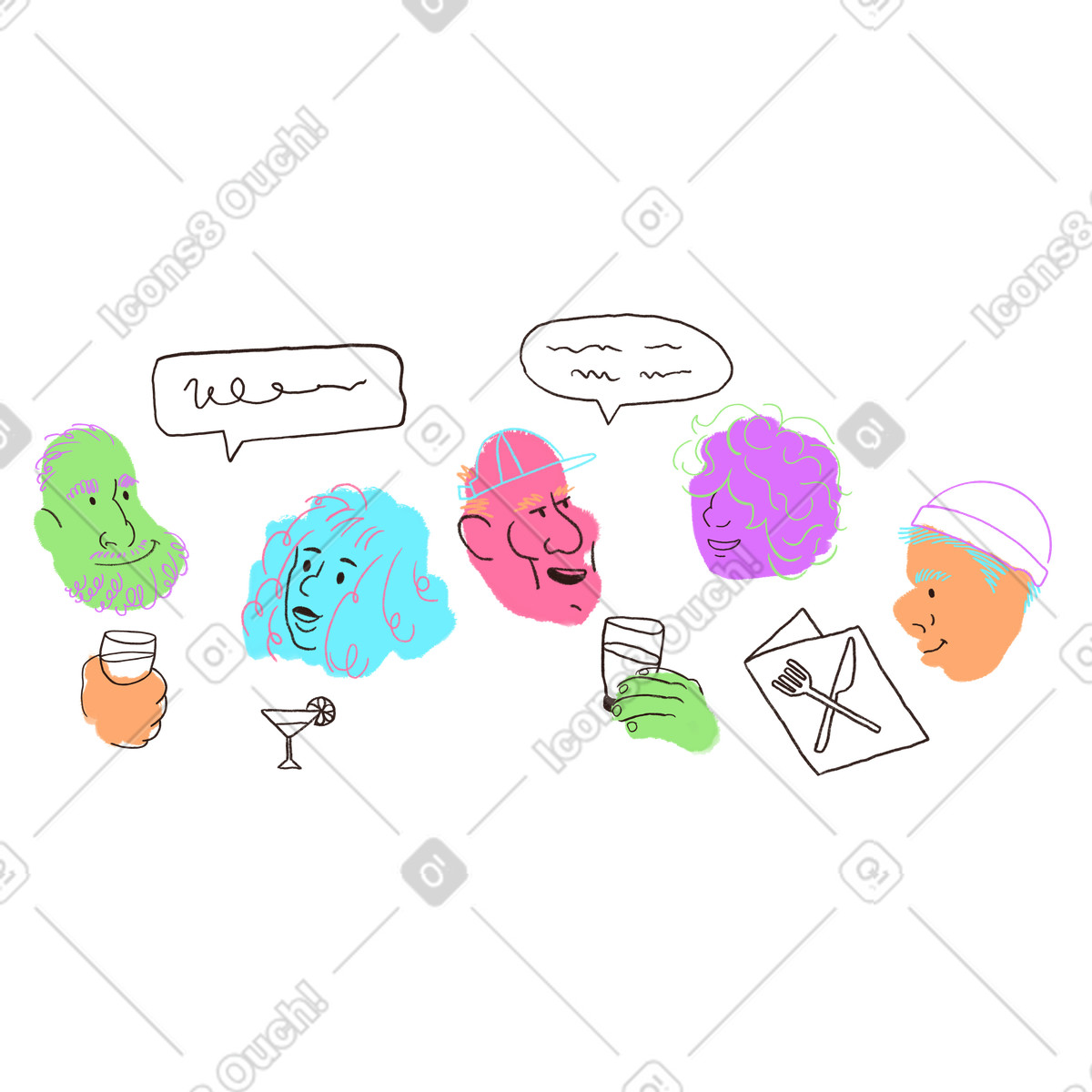 Ilustración Gente charlando en un restaurante. estilo Blobby a descargar PNG y SVG