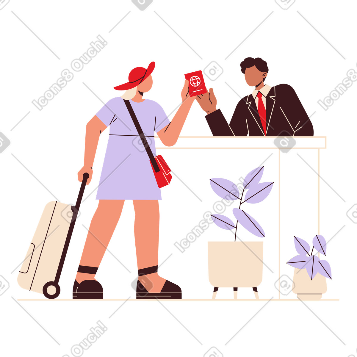 Ilustração de Passport check at reception, hotel check-in and hospitality service em no estilo Folks para baixar em PNG, SVG