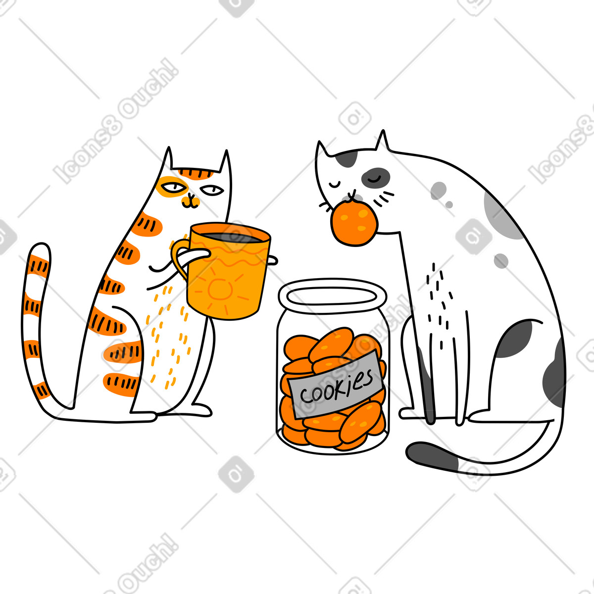 Cats drinking tea with cookies illustration in Purr style download in PNG, SVG