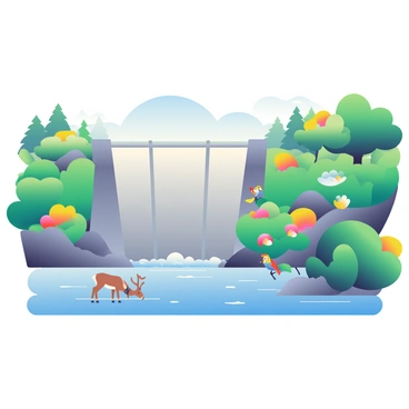 A large concrete dam is situated at the forefront, its structure smoothly integrated into the surrounding environment. On one side of the dam, a clear blue lake reflects the sky, while on the other, a lush green landscape extends with dense trees and vibrant shrubs. Various wildlife can be seen in the scene; a pair of deer is grazing near the water’s edge, and a colorful bird is perched on a nearby branch. The sunlight casts gentle shadows across the landscape, highlighting the textures of the dam and the vibrant colors of the flora flourishing around it.