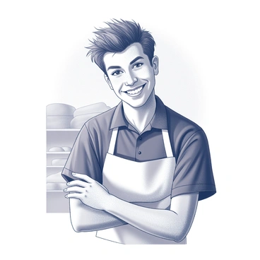 A portrait of a boulanger smiling with a dusting of flour on their face