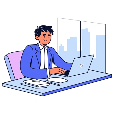 A professional fashion figure wearing a tailored dark blue suit with a crisp white shirt. The figure has neatly styled hair and is focused on a laptop placed on a sleek modern office desk. The desk is minimalistic with a few neatly stacked papers and a stylish pen holder. A large window in the background provides a view of city skyscrapers. The overall setting conveys a sense of sophistication and professionalism.