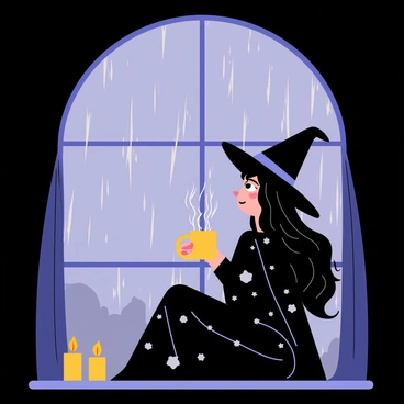 A witch with long, flowing black hair sits by a large, arched window. She is wearing a dark, pointed hat and a long, flowing robe adorned with silver stars and moons. The window is framed with heavy, dark curtains, and raindrops are streaking down the glass, creating a blurry view of the outside. In her hands, she holds a steaming mug with swirling steam rising into the air. Her expression is one of contemplation as she gazes out at the rain-soaked landscape. A few flickering candles are placed on the window sill, casting a warm glow in the dimly lit room.
