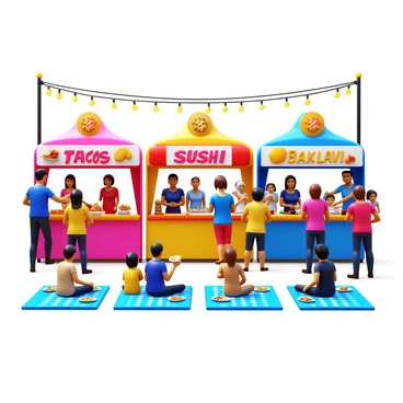 A vibrant food festival scene is depicted with multiple stalls showcasing a variety of cuisines. Each stall features colorful canopies adorned with banners displaying "tacos," "sushi," "paella," and "baklava." People of different ages and ethnicities are enjoying the festivities, sampling food from the stalls. Tables are set up with plates of beautifully arranged dishes, and decorations include string lights overhead, creating a festive atmosphere. The ground is lined with checkered picnic blankets where families sit together, enjoying their meals under a bright blue sky.
