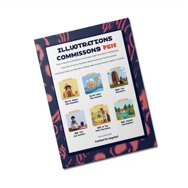 A vibrant flyer featuring the text "Illustration Commissions Open!" at the top in bold, eye-catching letters. Below, there is a visually appealing display of various illustration styles, including character design, landscapes, and logo designs. Each style is accompanied by a brief description and corresponding starting prices clearly labeled, such as "$50 for sketches" and "$150 for full-color illustrations." The background is filled with colorful patterns that create an energetic atmosphere, enhancing the overall appeal of the flyer. At the bottom, there is a call to action, "Contact for inquiries!" in a bold font.