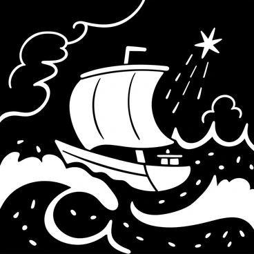 A ship with billowing sails is navigating through large, crashing waves in a stormy sea. The water is tumultuous with dark, swirling patterns, and rain streaks down, creating a sense of motion. Above the ship, a bright star is shining vividly in the dark sky, illuminating the scene and casting light on the ship’s path. The ship is tilting slightly to one side, giving the impression of struggle against the forces of nature. Surrounding elements include dark clouds and flashes of lightning in the background.