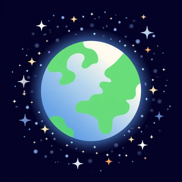 The Earth is shown in the foreground, glowing with vibrant blues and greens. The continents are clearly defined, illuminated by the light of the sun. Surrounding the Earth, a dark space sky is filled with countless stars, twinkling in various sizes and brightness. The stars form a rich tapestry across the blackness of space, creating a stunning contrast against the brightly lit planet. The overall composition emphasizes the beauty of the Earth amidst the vastness of the cosmos.
