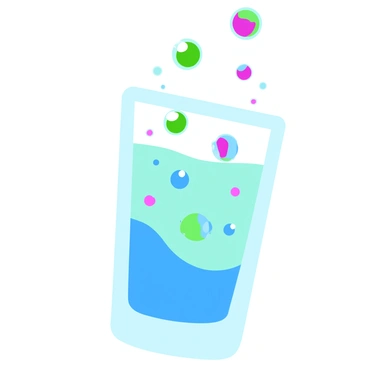 A clear glass filled with vibrant spritz bubbles rising to the surface. The bubbles vary in size and are iridescent, reflecting light in shades of blue, green, and pink. As they ascend, the bubbles cluster together and form intricate, swirling patterns that resemble artistic designs. The background features a soft gradient of pastel colors, enhancing the colorful display of bubbles as they dance playfully in the glass.
