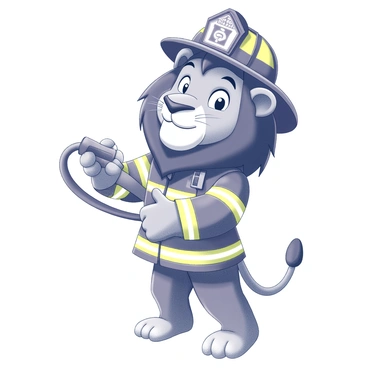A cartoon lion stands upright, wearing bright firefighter gear that includes a helmet and a jacket emblazoned with a badge. The lion's facial expression conveys bravery and determination. It is holding a fire hose firmly with both paws, aiming it outward as if ready to combat a blaze. The hose is coiled in a controlled manner, showcasing the lion's readiness for action. Details of the firefighter outfit, including reflective stripes and a utility belt, are visible, adding to the character's heroic appearance.