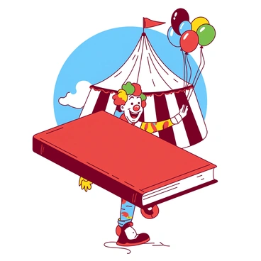 A red matchbook is displayed prominently in the center of the image. The cover features a playful illustration of a smiling clown with colorful hair and a big red nose, balancing on one foot. Behind the clown, there is a large white big top tent with colorful flags waving at the top, set against a clear blue sky. The tent is detailed with vertical stripes, enhancing its festive appearance. The clown is holding a bunch of colorful balloons in one hand, which add a vibrant touch to the scene.