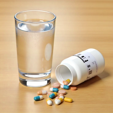 A clear glass of water filled to the brim, reflecting light and showing a few bubbles on the surface. Next to the glass is an open white pill bottle with a child-resistant cap, the label partially visible displaying dosage information. A few colorful pills have spilled out onto the table, some rolling slightly away from the bottle. The table surface is wooden, with a warm tone and visible grain texture, providing a natural contrast to the glass and the pills.